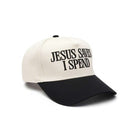 JESUS SAVES I SPEND CAP - Zenana featuring a two-tone design with black and white colors.