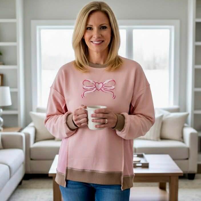 Woman wearing FROM THE HEART PULLOVER with heart bow embroidery, holding a mug in a cozy living room.