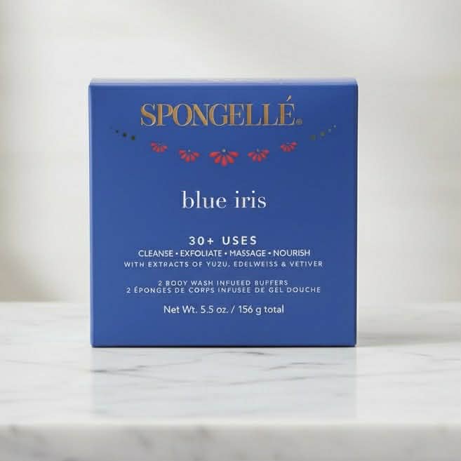 BLUE IRIS DUO BY SPONGELLE - Luxurious body wash infused buffers for cleansing, exfoliating, and nourishing.