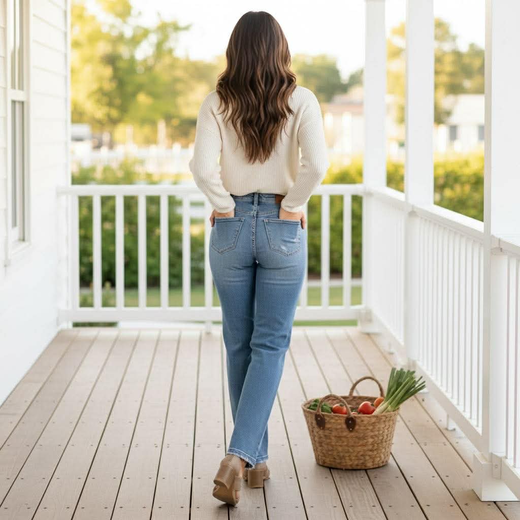 Woman wearing JUDY BLUE - ADDISION JEANS, high-rise distressed straight leg denim, styled casually on porch.