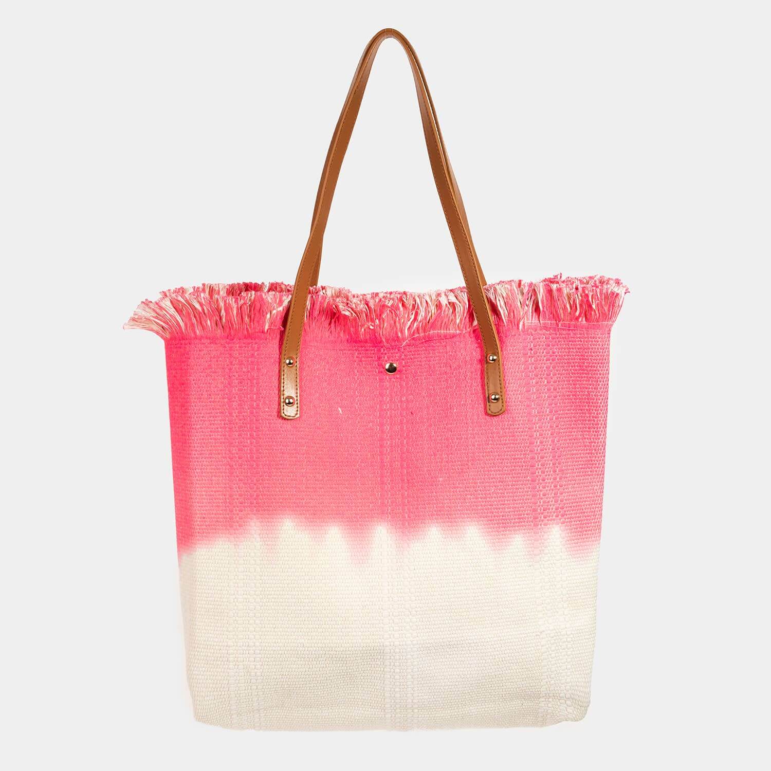 Two Tone Square Tote Bag with pink and white gradient, stylish fringe, and brown straps, perfect for casual outings.