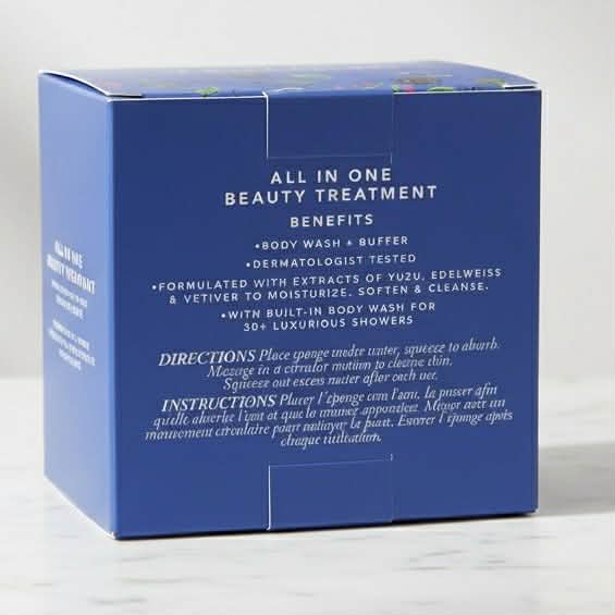 BLUE IRIS DUO BY SPONGELLE box displaying benefits and instructions for beauty treatment.