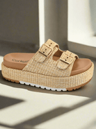 Corkys No Filter Raffia slide sandals with woven raffia and dual buckle design, perfect for casual summer style.