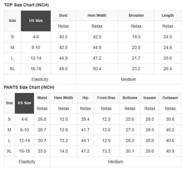 Size chart for WEEKEND REWIND 2 PIECE SET (MINT) showing dimensions for tops and pants.