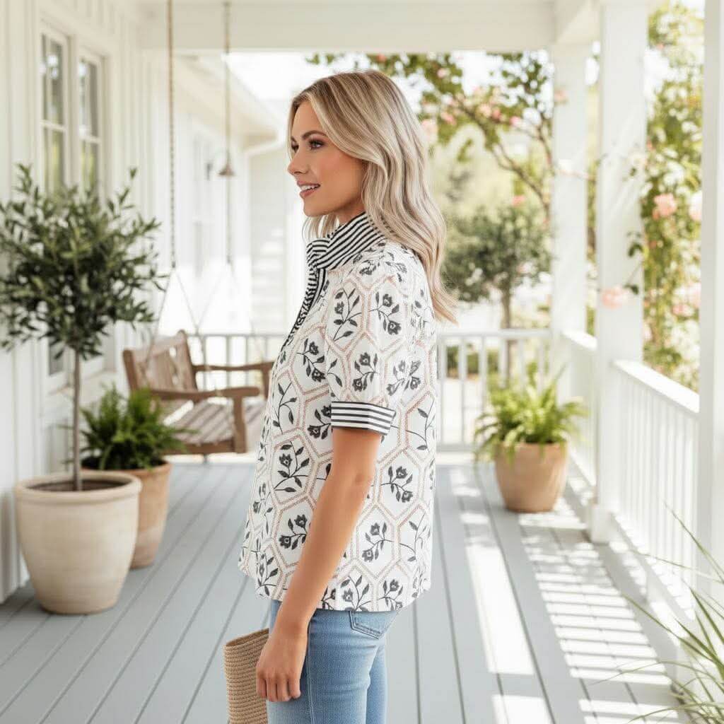 Woman wearing CHOOSE JOY TOP with floral and geometric prints on a porch, showcasing summer style.