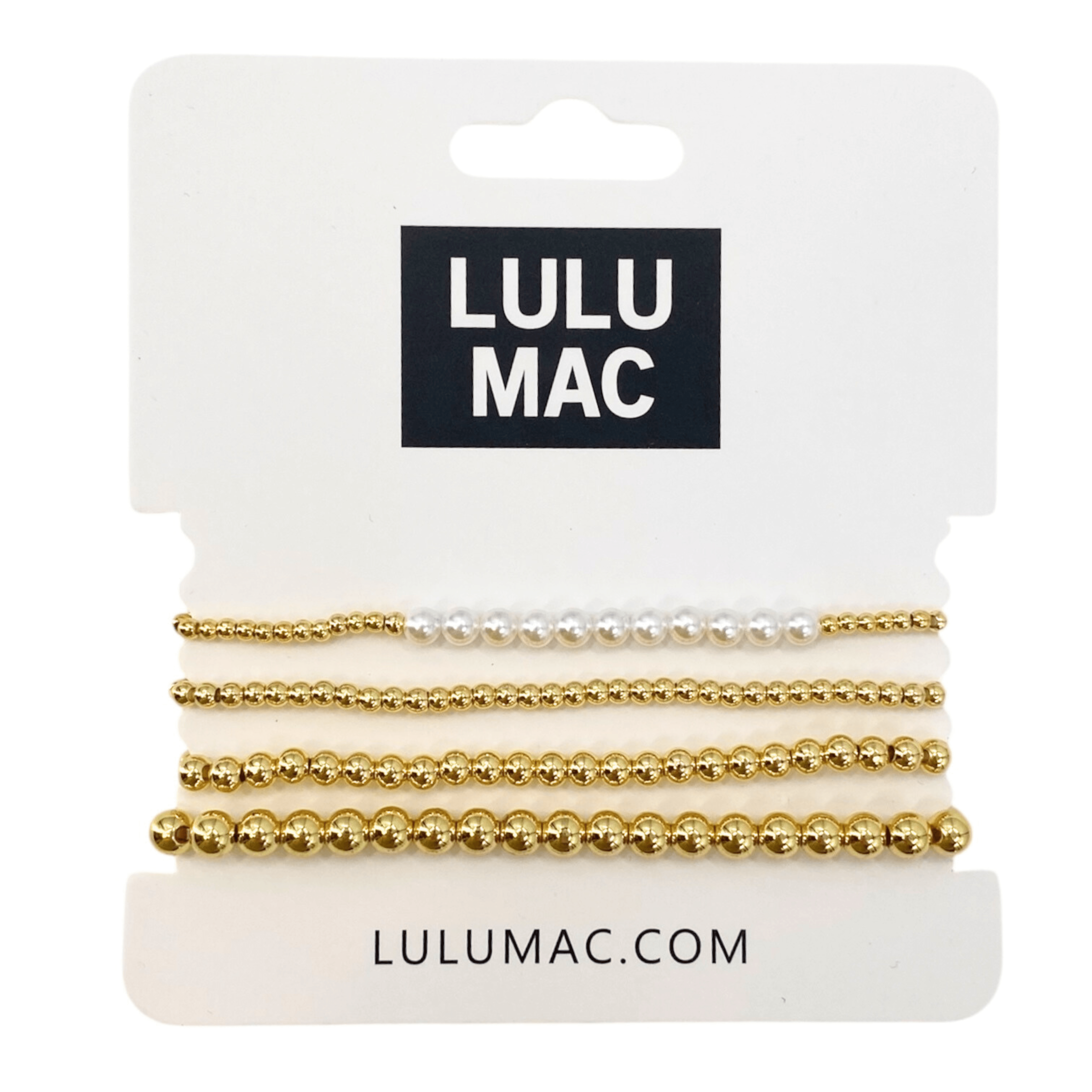 BR-PL1004-GOLD beaded and pearl necklace display from LULUMAC featuring gold and white beads.
