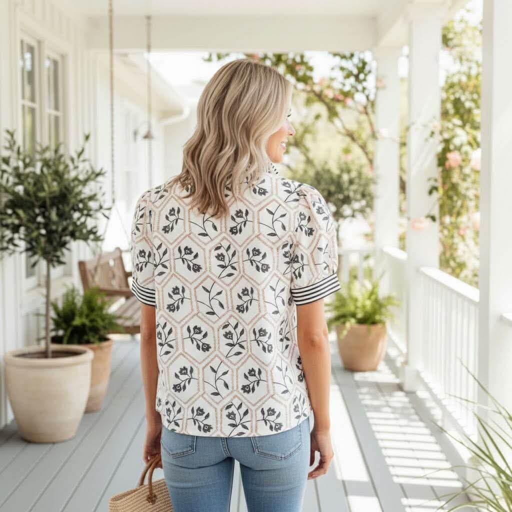 Woman wearing the CHOOSE JOY TOP with floral prints, puff sleeves, and a ruffled neckline, standing on a porch.