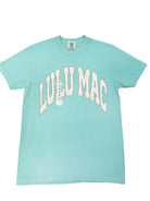 LULU MAC MINERAL AQUA & CAMO COMFORT COLOR TEE in a fresh mineral aqua base with bold lettering.