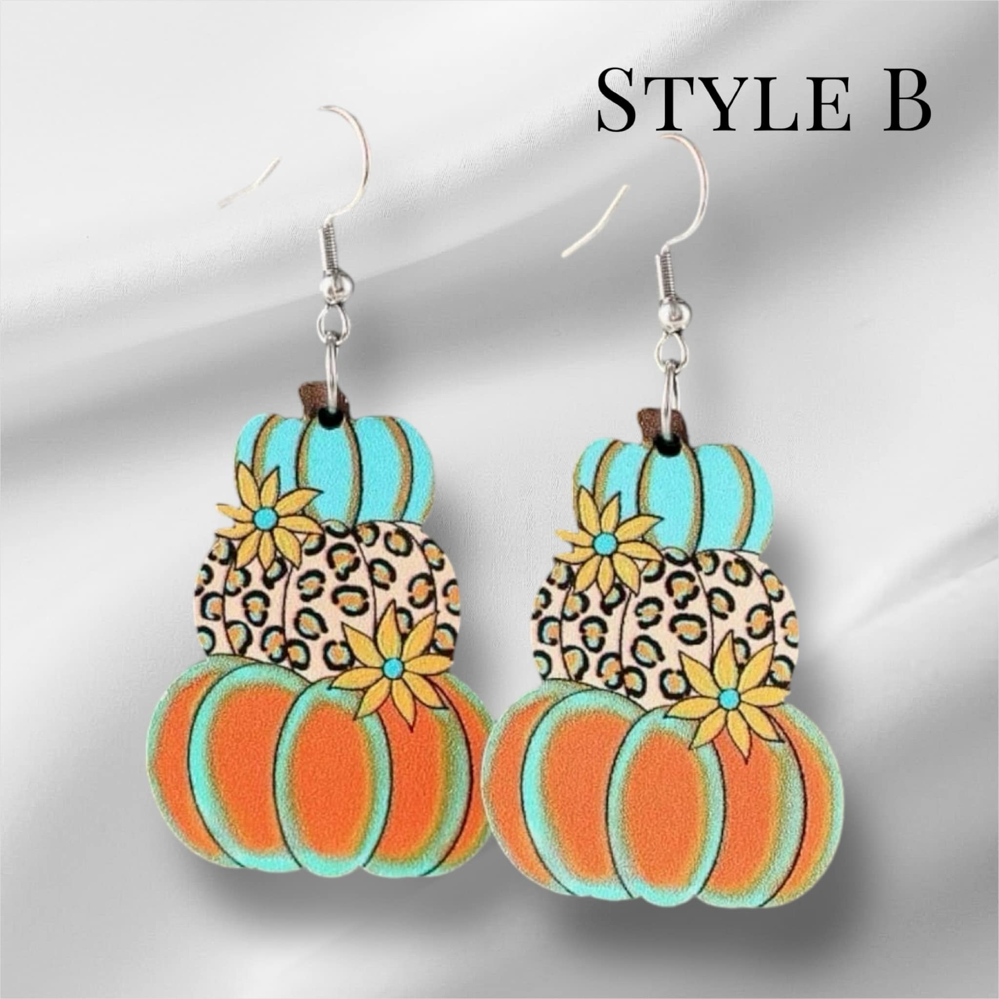 Festive Stack O Pumpkins Earrings with colorful design and leopard print pattern, perfect for autumn fashion style B.