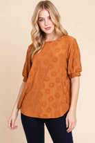 Copper Field of Daisies Top by BomBom, featuring puff sleeves and textured daisy embroidery, perfect for spring style.