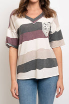 V neck lace pocket patch stripe top, featuring a mix of colors and a comfortable fit, ideal for casual wear.