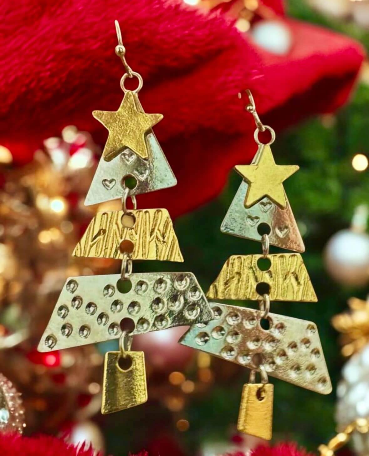 Two-tone Christmas tree dangle earrings by Vivian-Lu with star accents, perfect for festive holiday celebrations.