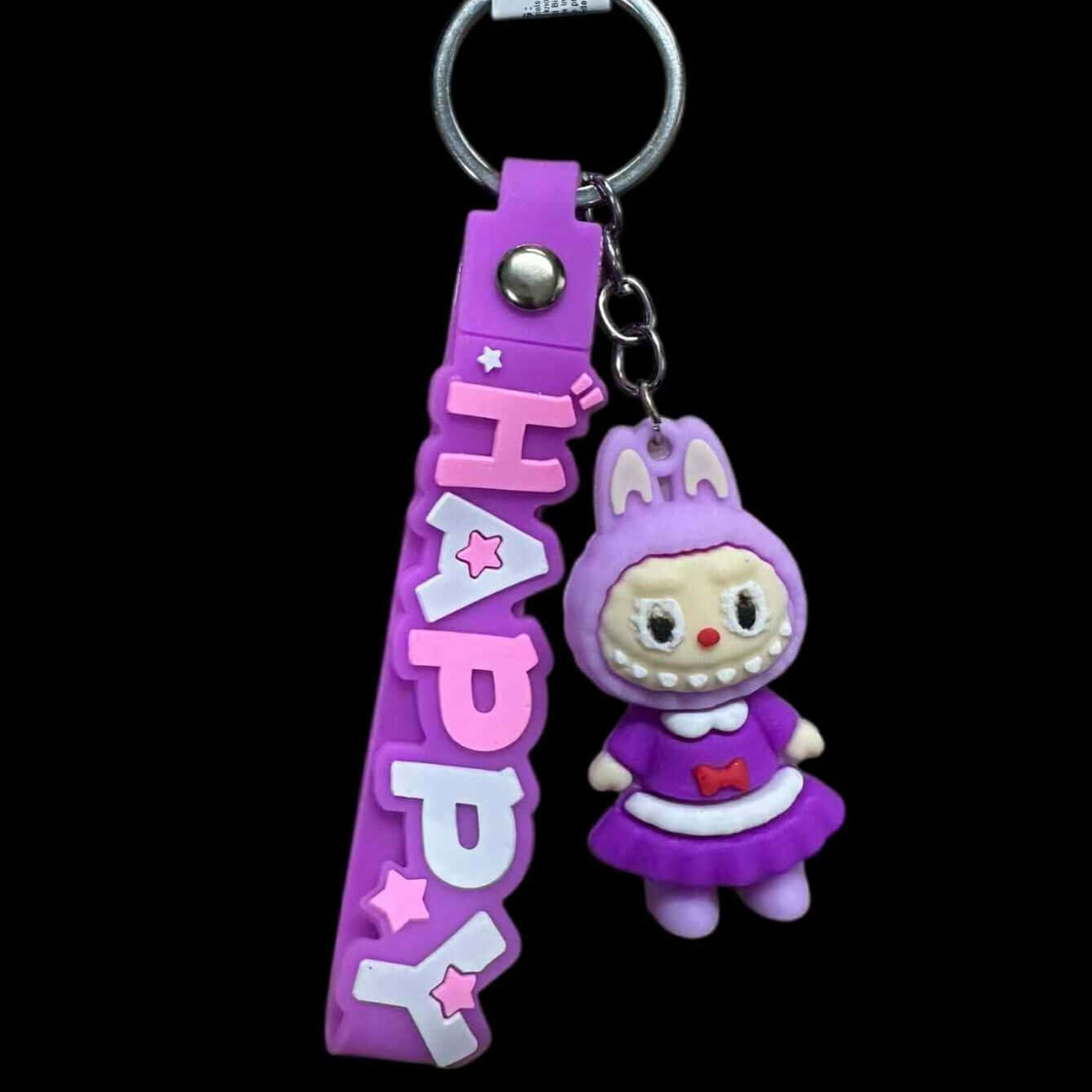 Purple Labubu keychain with 'Happy' wristlet and mini doll, perfect for adding fun to your keys or bag.