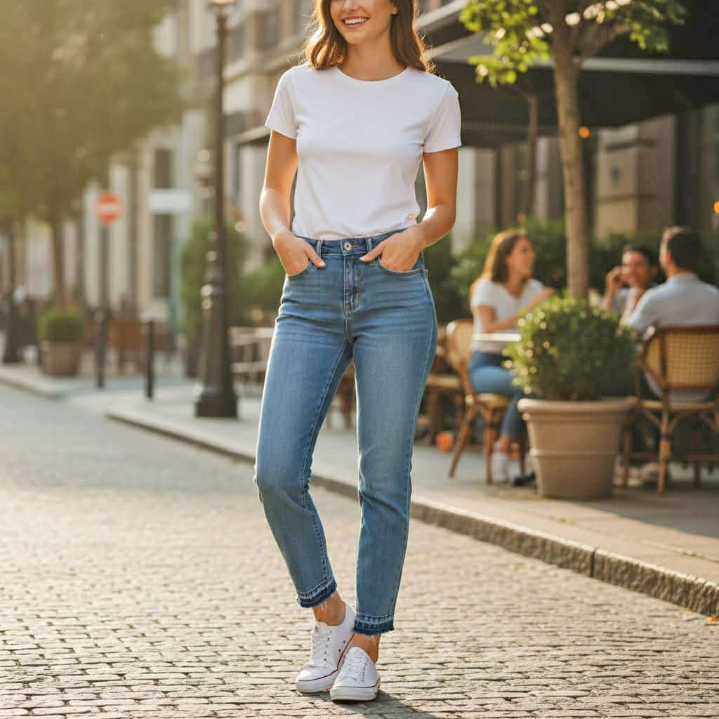 Woman wearing JUDY BLUE - AVERY JEANS with a white t-shirt, standing on a city street.