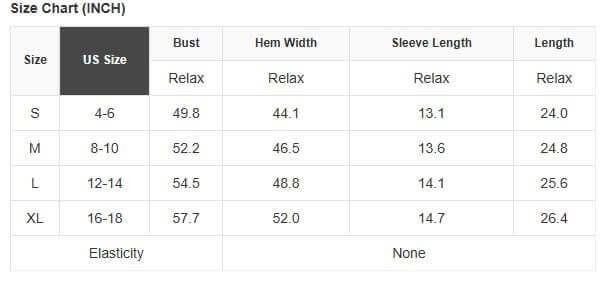 Size chart for Ribbons in the Sand Top showing measurements for S, M, L, and XL in inches.