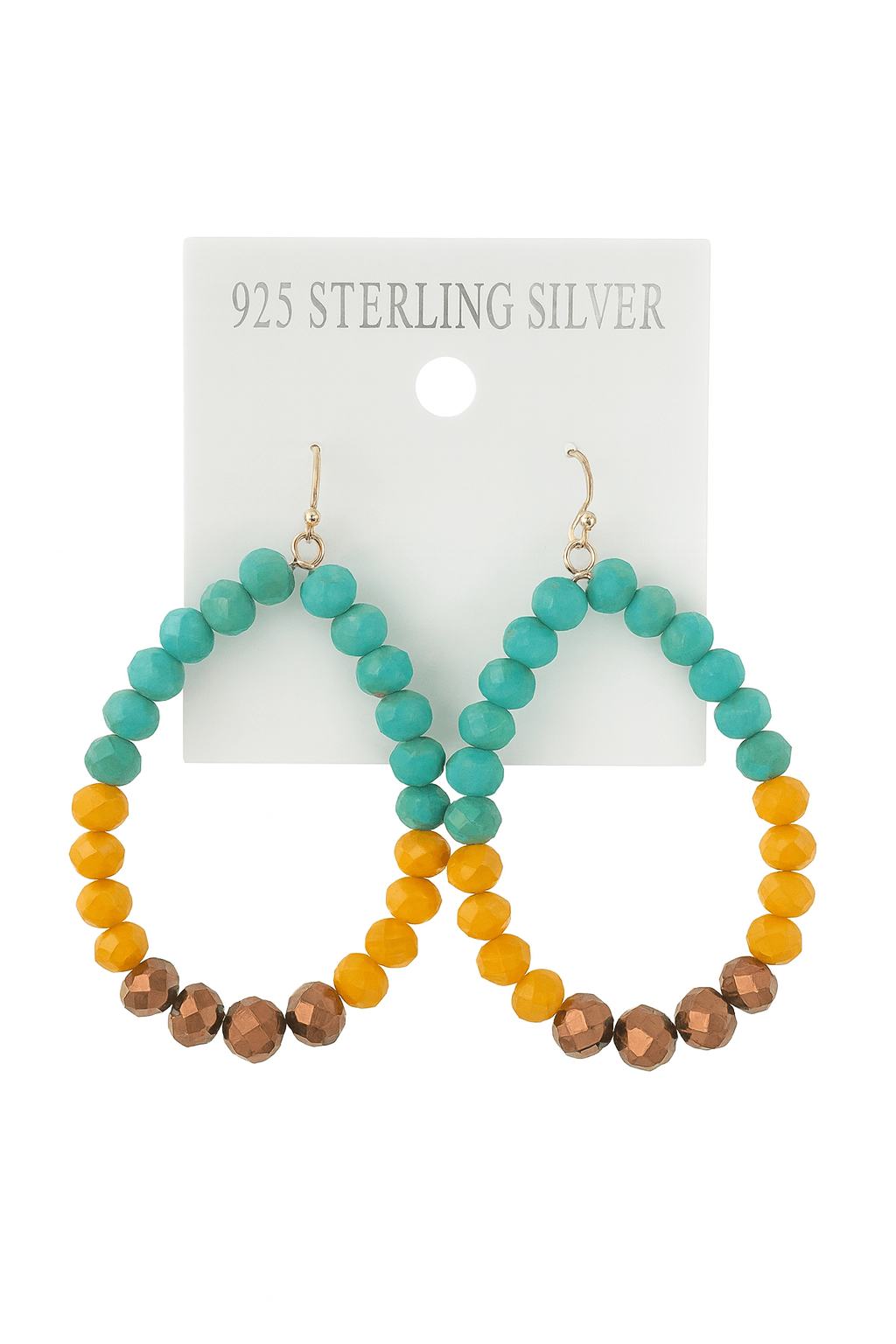 Colorful beaded hoop earrings in turquoise, yellow, and brown on a sterling silver card, perfect for casual wear.