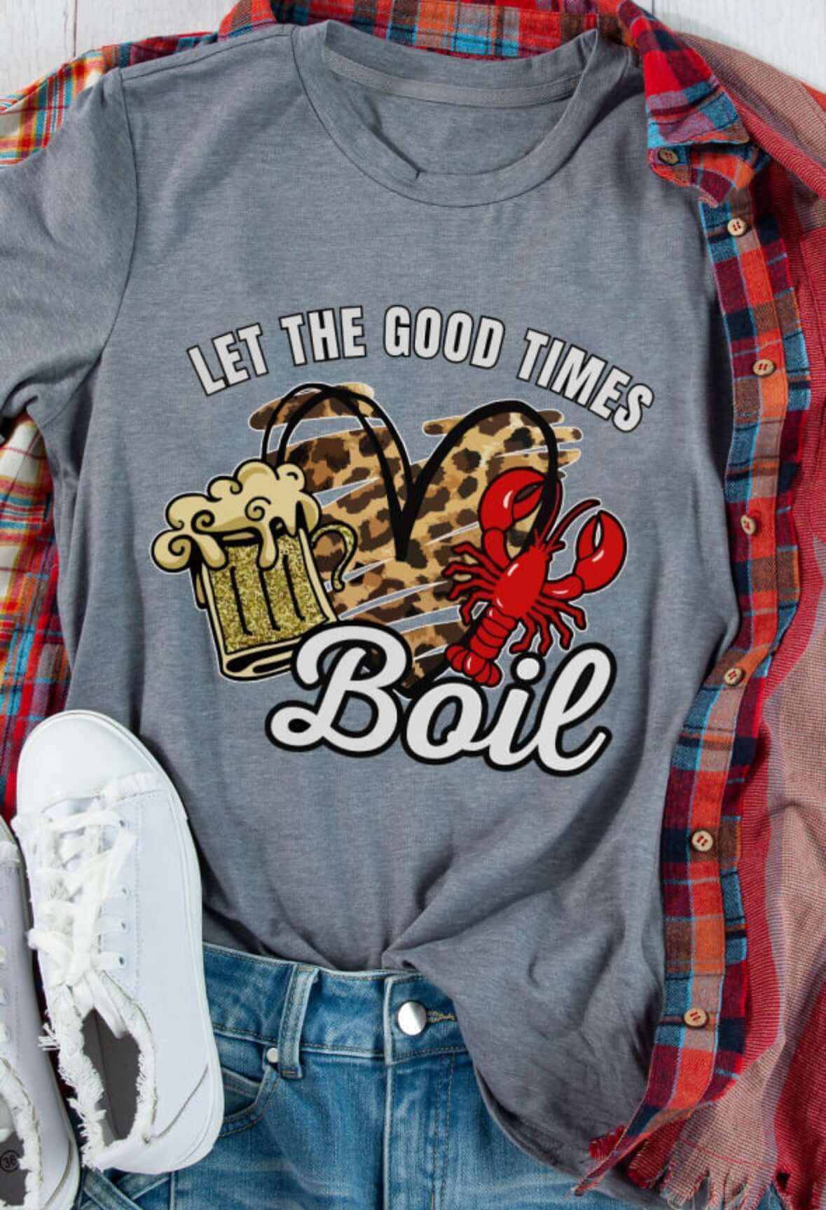 Let the Good Times Boil graphic tee featuring beer mugs, crawfish, and a leopard heart design.