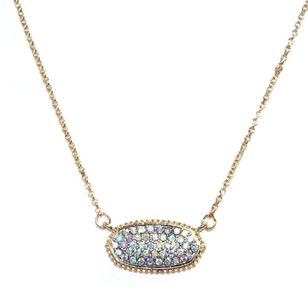 Druzy oval pendant necklace with multicolor sparkles and gold chain, adding elegance to any outfit.