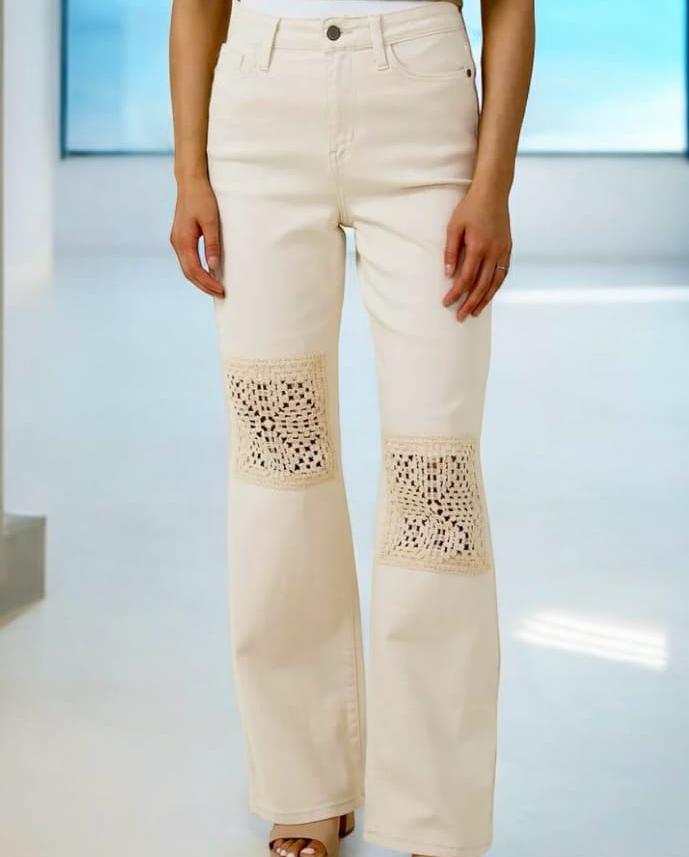 Valerie Jeans by Judy Blue featuring vanilla cream color and unique crochet patch details for a stylish look.