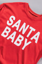 Red "Santa Baby" crewneck sweatshirt with playful holiday design and bold white lettering.