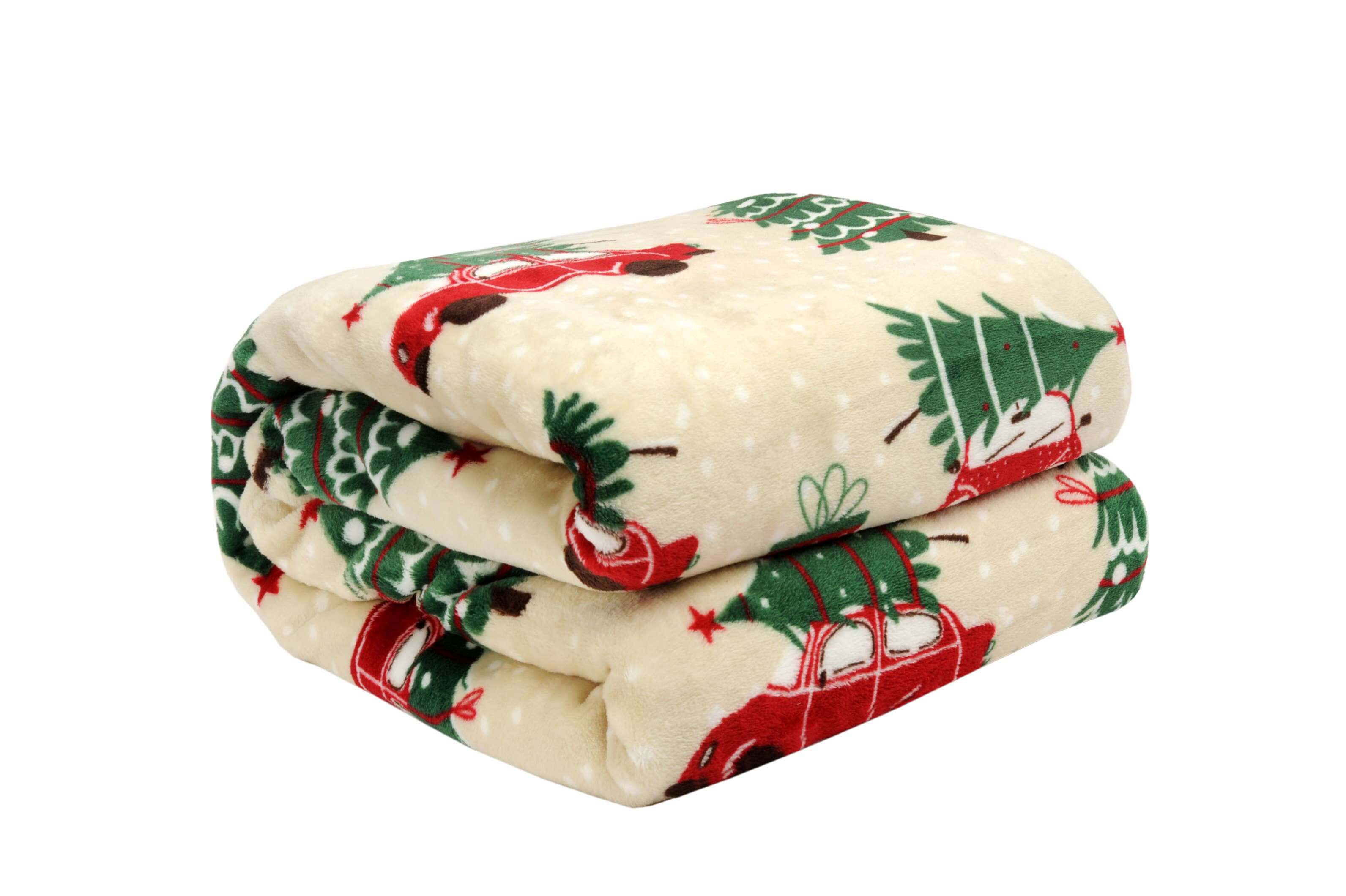 Christmas Cheer Plush Throw Blanket by Kathy Ireland featuring festive design, folded on white background.