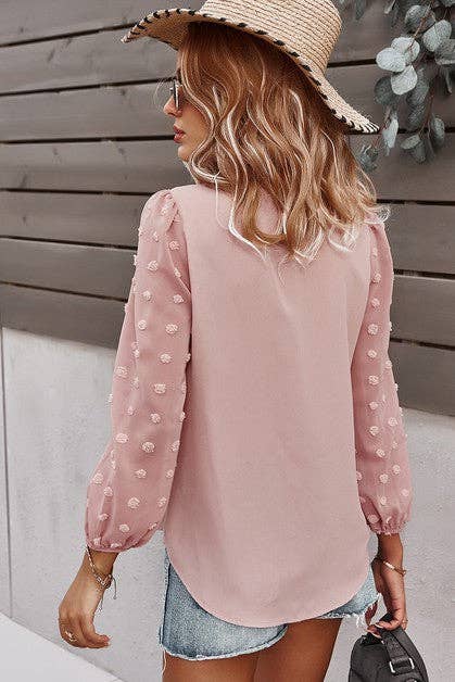 Solid V Neck Lantern Sleeve Swiss Dot Shirt for casual outings, featuring chic polka dot details and a trendy design.