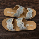 Cheers Beaches Rhinestone Platform Sandals by Corkys with clear rhinestone straps on a brown base.