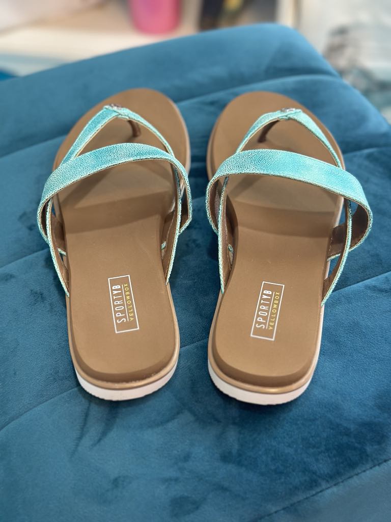 YELLOW BOX - SHAYNE turquoise sandals with shimmer straps, perfect summer flip-flops for sporty occasions.