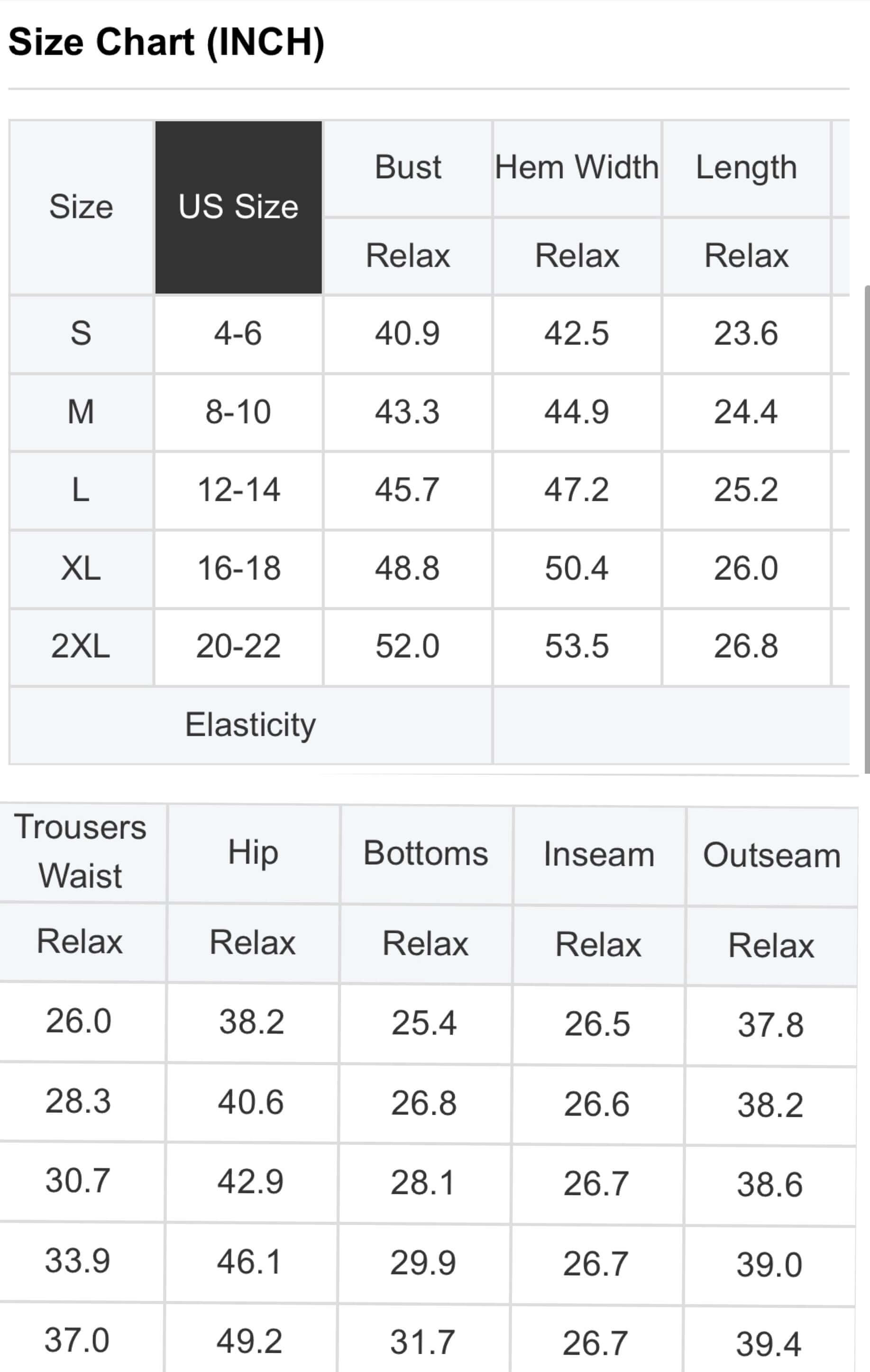 Size chart displaying measurements for HARBOR VIEW pants set in inches for various sizes S to 2XL.