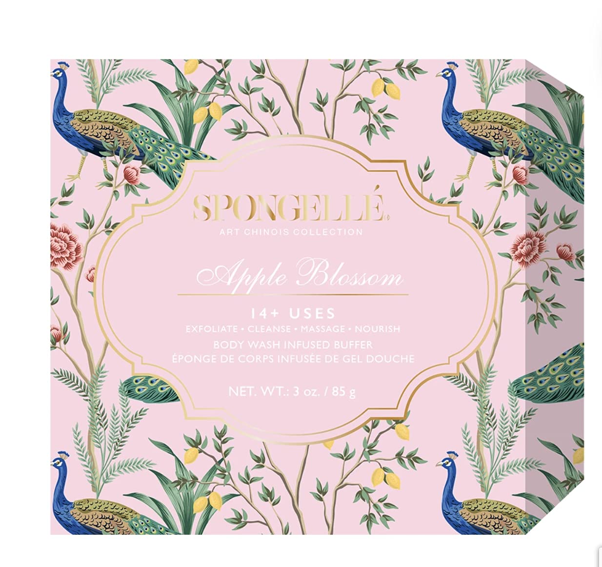 APPLE BLOSSOM - ART CHINOIS COLLECTION by Spongelle body wash infused buffer packaging with floral design and peacocks.
