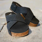 Very G Capri Wedges in Black with laser-cut design and cork sole, perfect for stylish comfort.