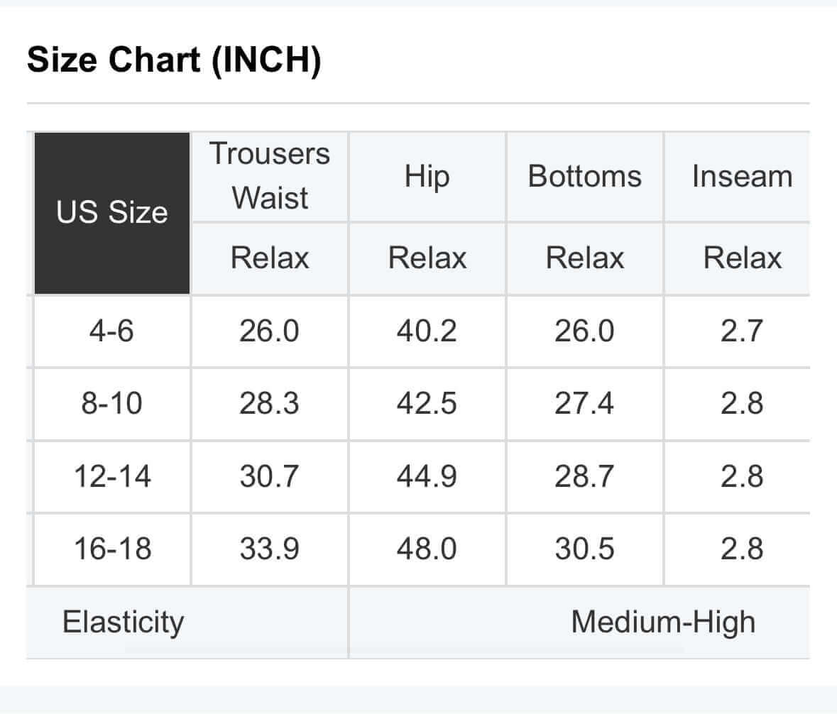 Size chart for PERFECT POUNCE shorts showing measurements for US sizes 4-18 with elasticity details.