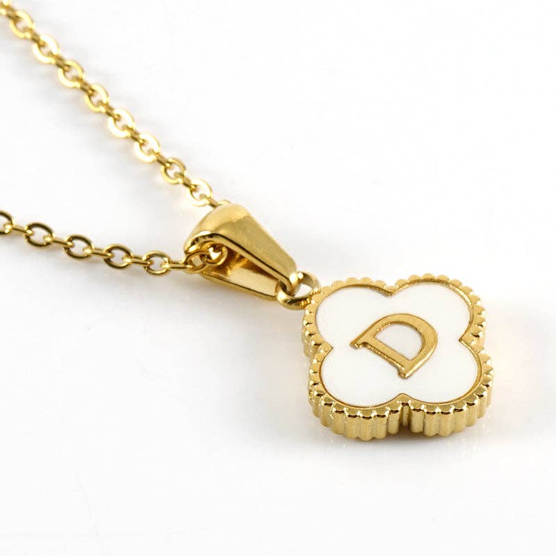 Clover Shell Initial Charm 18K Golden S.Steel Necklace - FGS with a 'D' pendant on a gold chain.