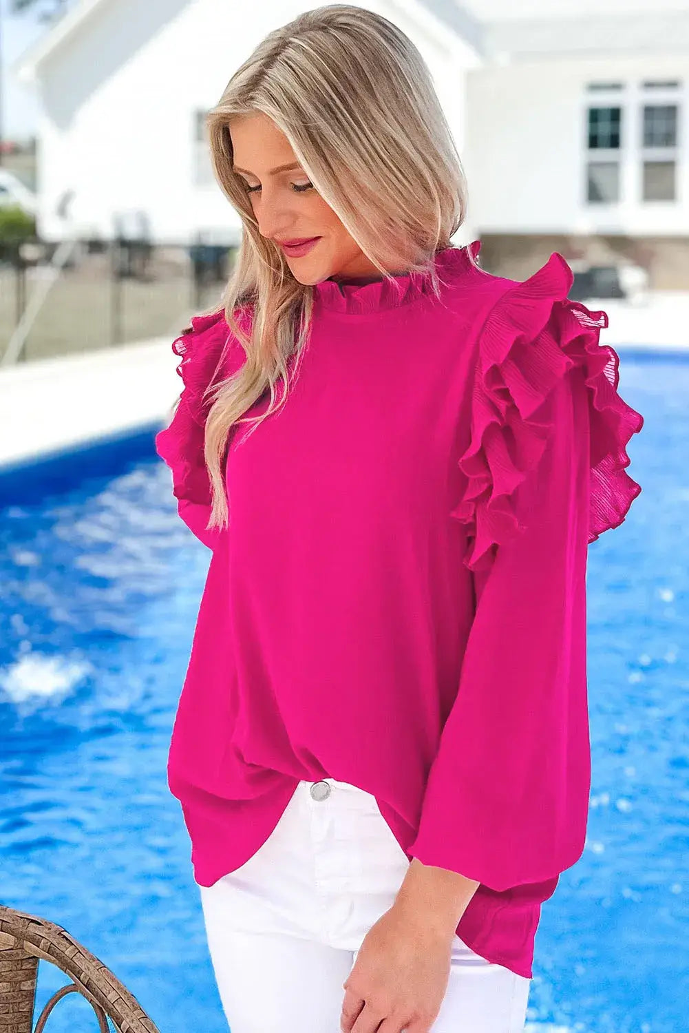 Hot pink Rose' All Day Top featuring ruffle trim, pleated design, and a keyhole back, perfect for a chic look.