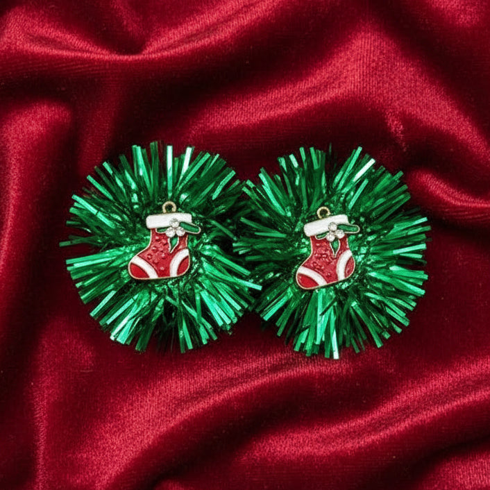 Christmas Theme Dangle Earring Set featuring festive green tinsel and red Christmas boots design.