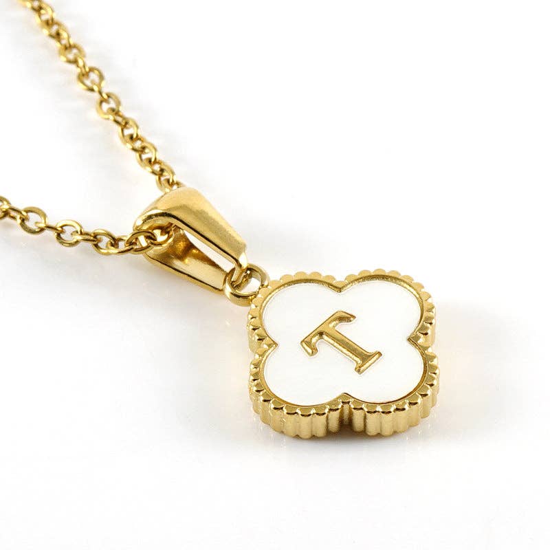 Clover Shell Initial Charm 18K Golden S.Steel Necklace - FGS with gold chain and white shell pendant.