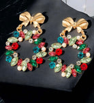 Holiday Wreath Earrings with colorful gems and rhinestones, featuring a festive bow for a sparkling accessory.