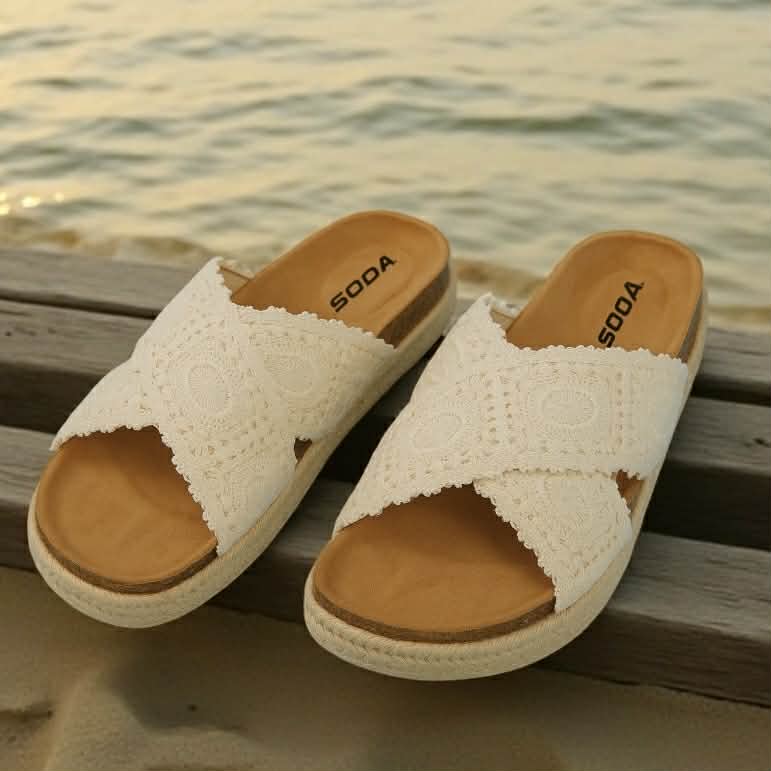 SEDINA CROCHET SANDALS - SODA in warm cream, featuring crochet knit upper and espadrille cork platform, perfect for summer outfits.