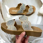 Cheers Beaches rhinestone platform sandals by Corkys with sparkly straps and lightweight brown sole.