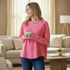 Coastline Calm - Zenana (fuchsia) top shown in a cozy living room, perfect for everyday comfort.