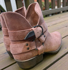Back view of VERY G CAROLINA ANKLE BOOT in rose tan suede, featuring stylish side buckle and zip-up design.