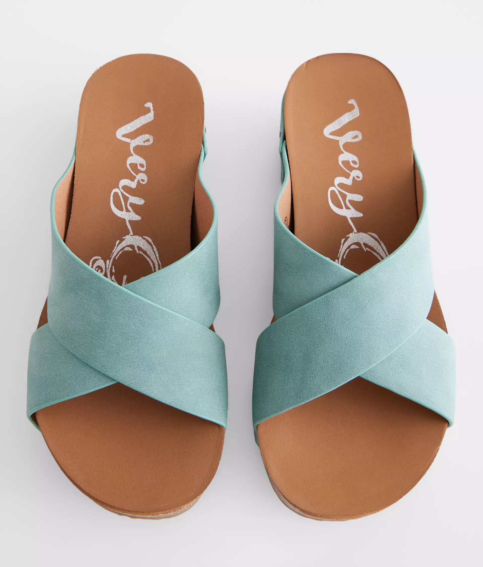 Teal platform wedge sandals by Very G with crossed straps and cushioned footbed for comfort and style.