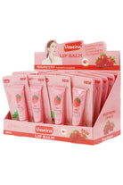 Strawberry Scented Gel Lip Balm Squeeze Tube - 36 Pcs display with moisturizing lip balms in a pink box.