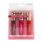 VELVET GLOSS TRIO  By Max Makeup packaging with three gloss shades: Fruit Tart, Pink Lady, and Apricot, cruelty-free and strawberry flavored.