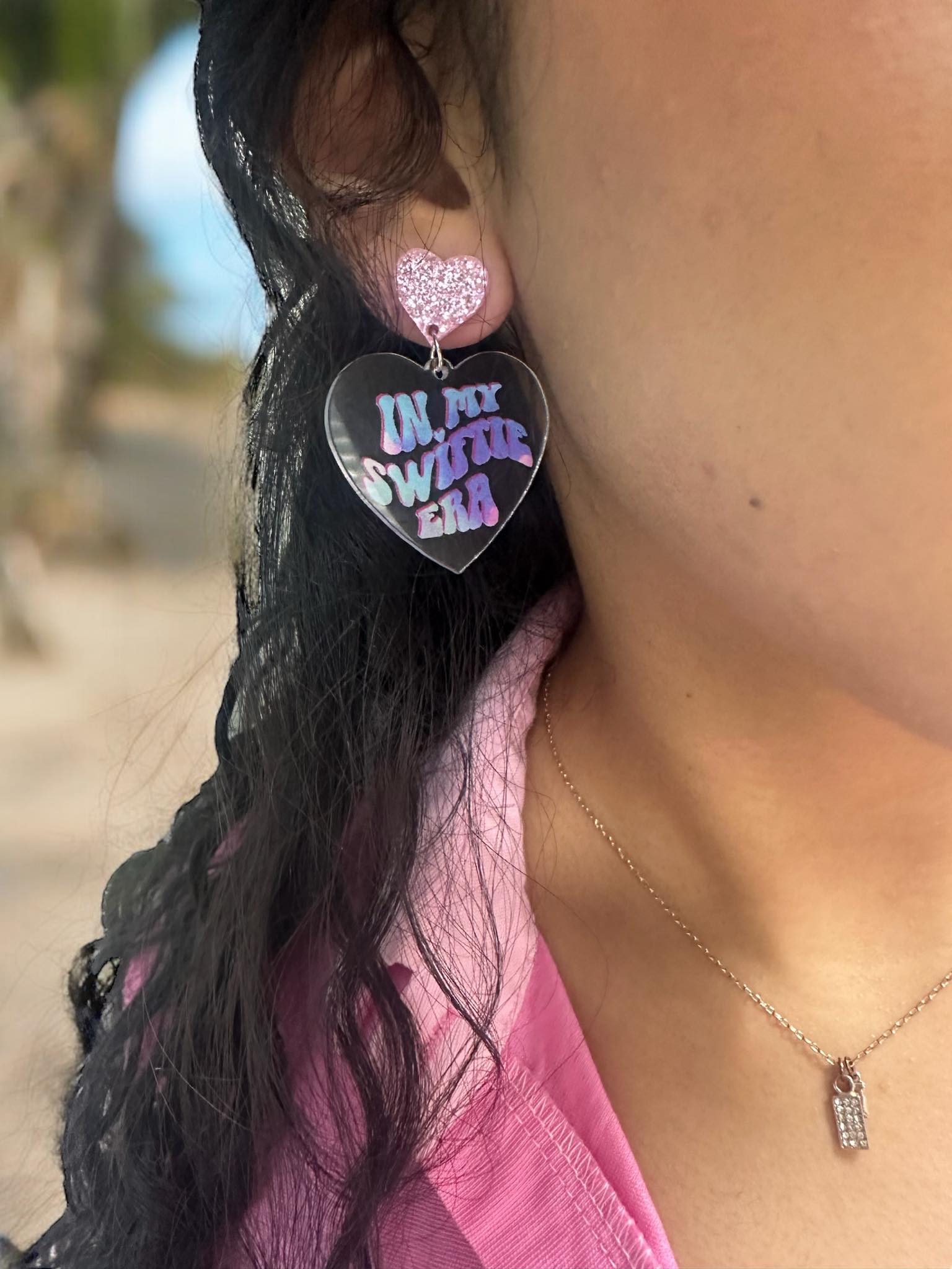 Clear acrylic Swiftie Era Earrings with heart design, perfect for making a cute and charming statement.