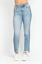 JUDY BLUE - HADLEY JEANS featuring a high-rise fit, side panel details, and a hi-lo fray hem in vintage wash.