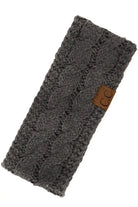 C.C Sherpa Lined Cable Knit Headband in gray, featuring a soft, stylish design and logo tag for warmth and fashion.