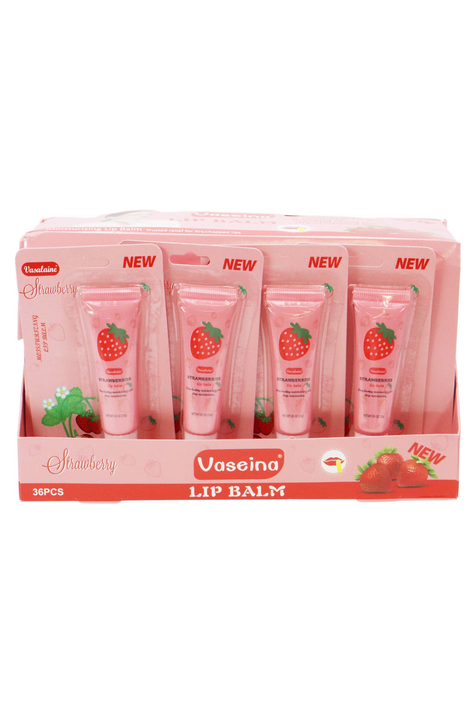 Strawberry Scented Gel Lip Balm Squeeze Tube - 36 Pcs in a display box with new packaging and moisturizing properties.