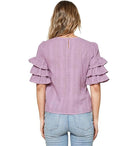 Back view of Mauve Sugar Eyelet Top featuring ruffle sleeves and premium cotton fabric.