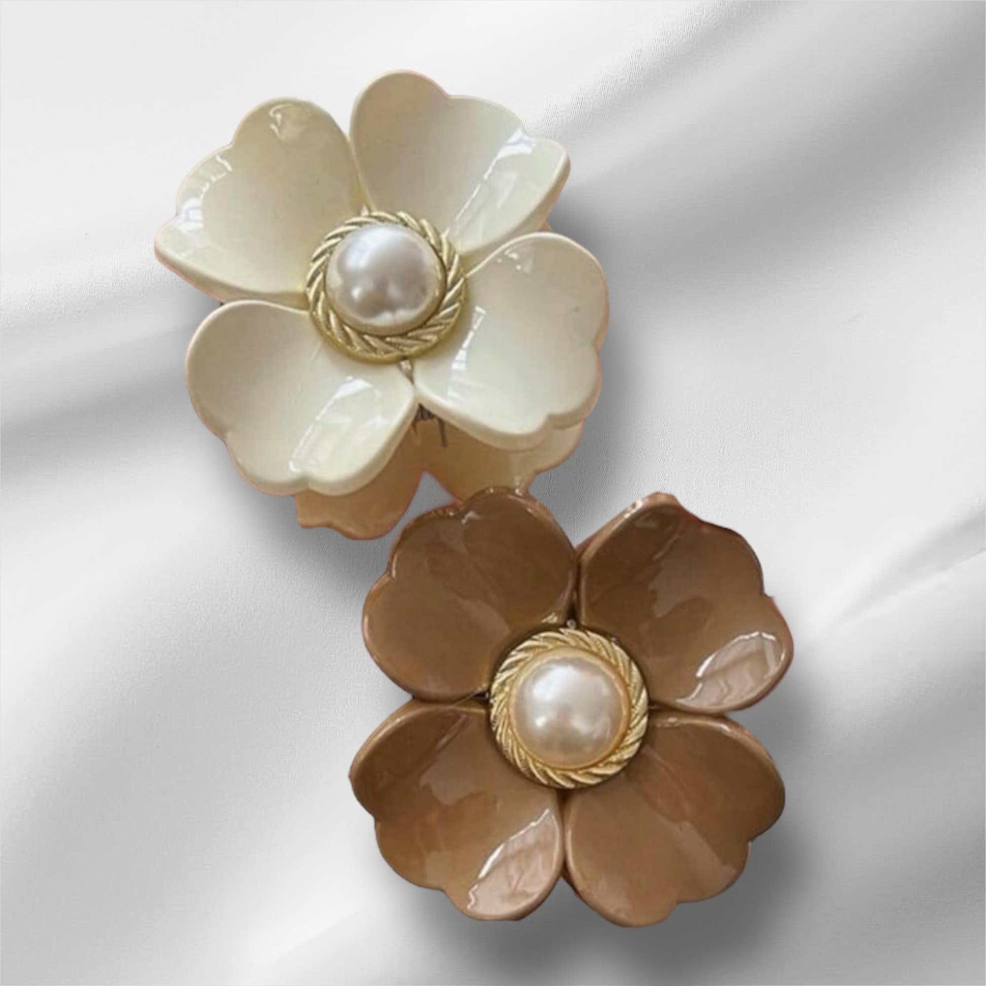 Ivory and Mocha Petal Perfect Hair Clips with pearl center on white background, adding elegance to any hairstyle.